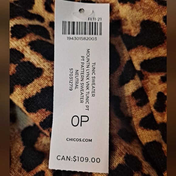 NWT CHICO’S Mountain Lynx V Neck Tunic Pullover Sweater Sz OP Cashmere b… - Picture 3 of 7